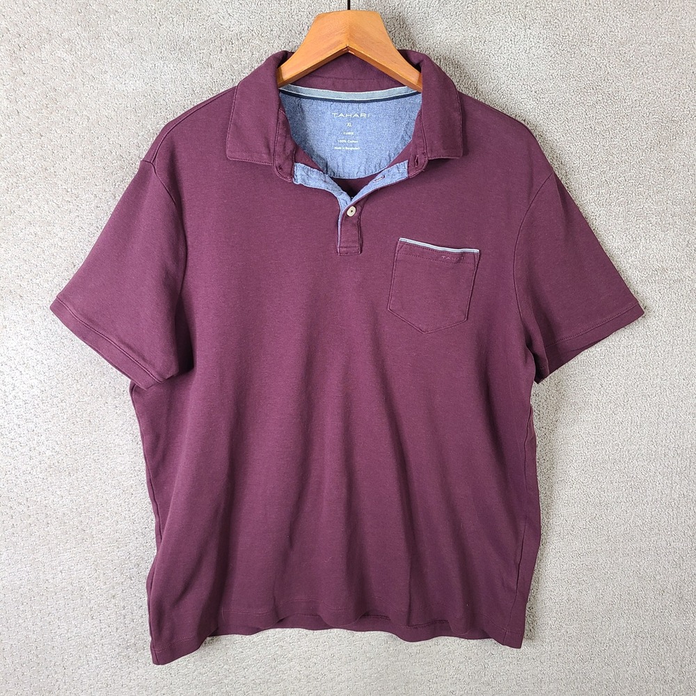Tahari Shirt Mens XL Burgundy Red Cotton Short Sleeve Polo Pocket Casual‎